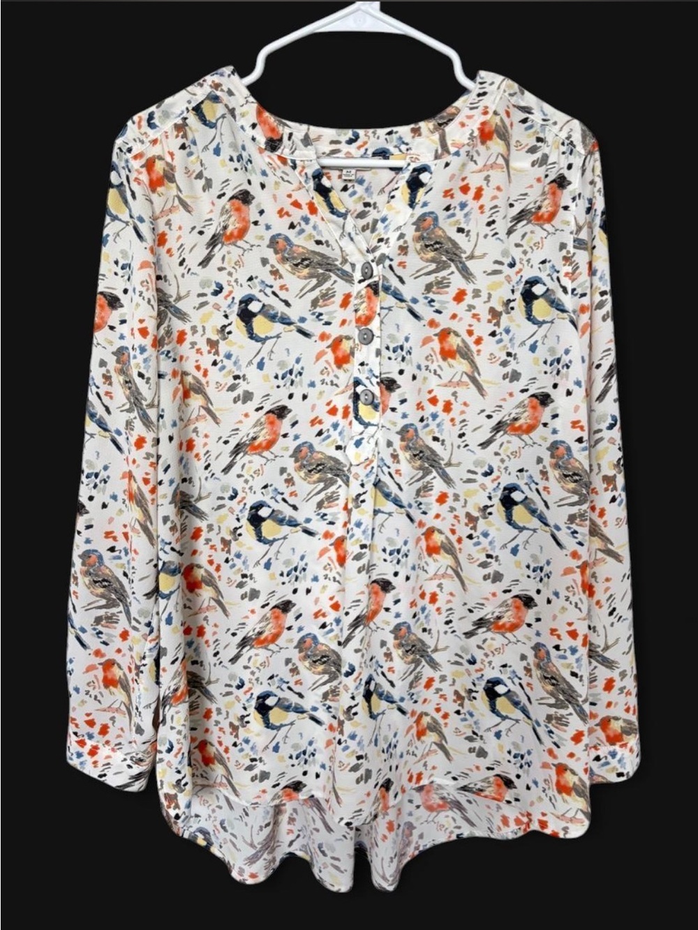 John Mark Colorful Bird Print Long Sleeve Blouse Medium Relaxed Flowy Nature